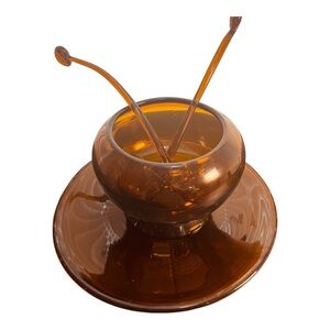 Vintage Amber Glass Punch Bowl Set with 2 ladles, 18 tumblers, and‎ serving tray